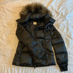 Black puffer jacket with fur hood